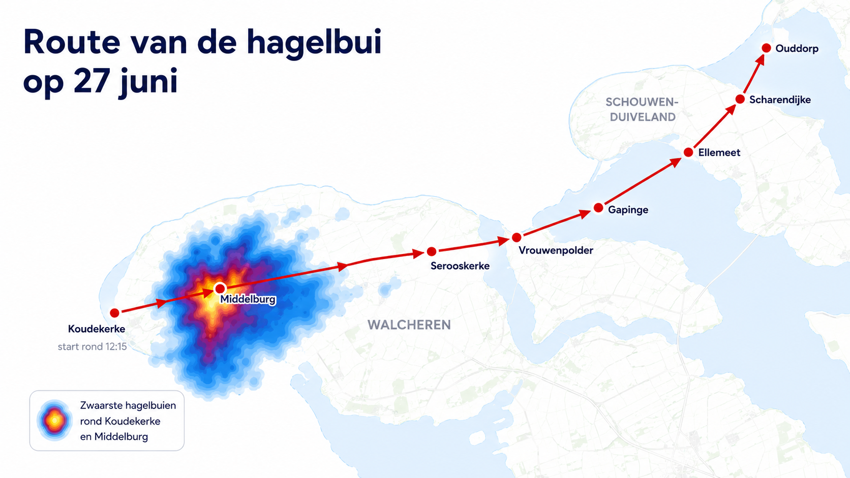 Infographic met de route van de hagelbui op 27 juni van Koudekerke via Middelburg richting Ouddorp